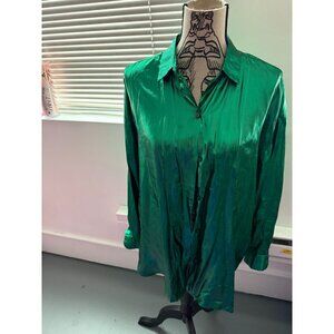 VTG 80s Shiny Green Collared Button-Up Shirt Albert Paul Lrg